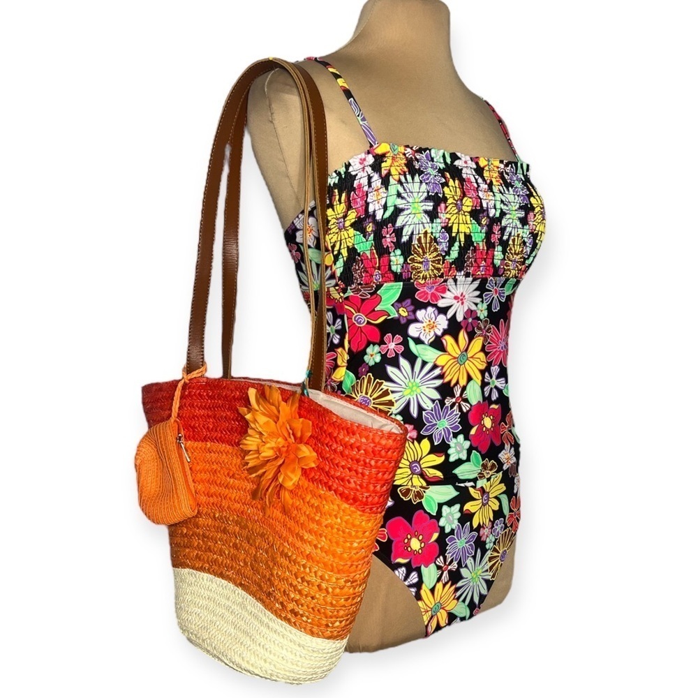 World Traveler Pacific Paradise orange rattan tote bag with change purse - Picture 6 of 11